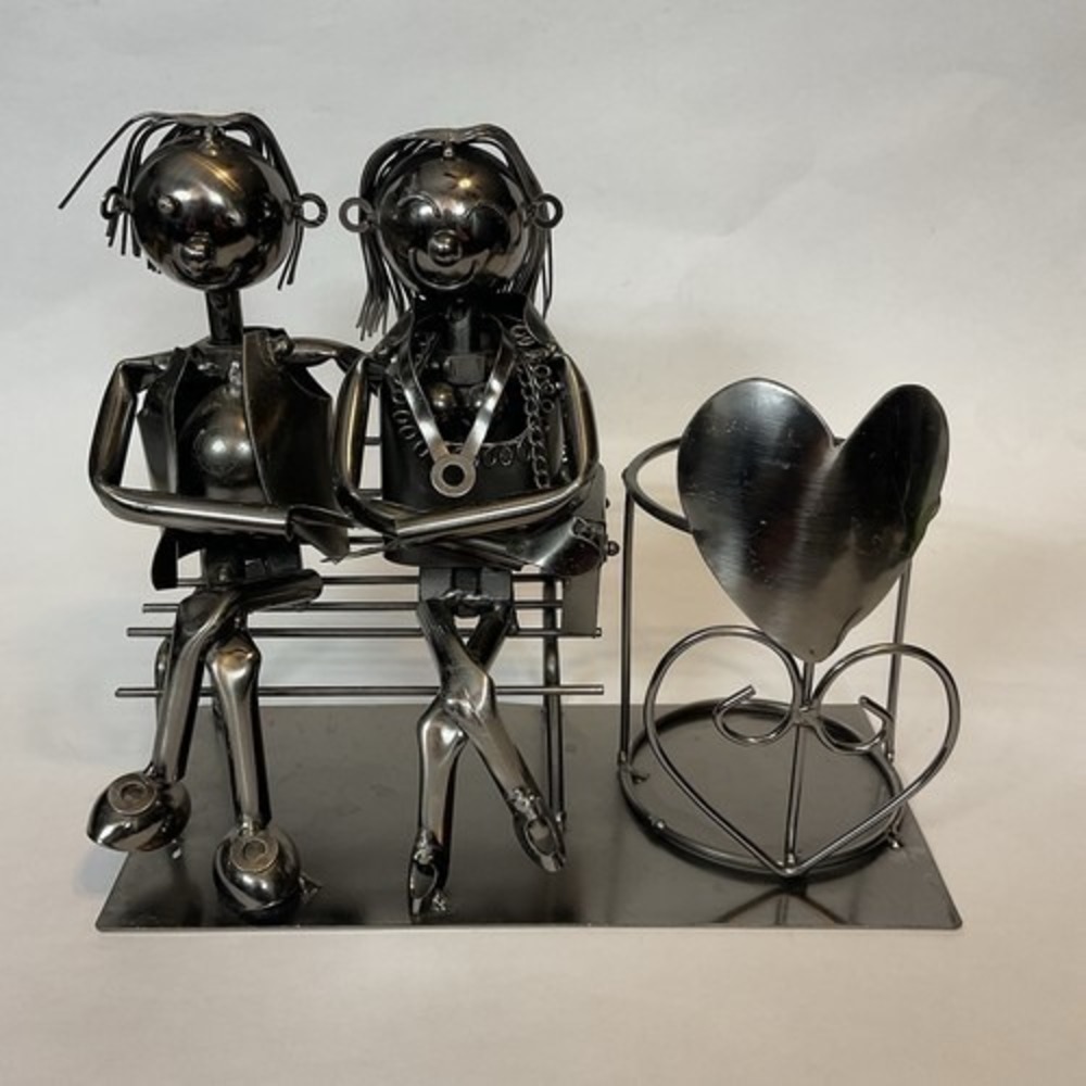 VTG Metal Statue Love Couple On The‎ Bench Wine Bottle/Candle Holder 8"x10"x4.5"